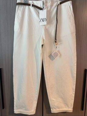 Zara Cream Trousers with Braided Brown Belt